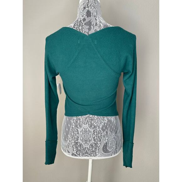 FREE PEOPLE Square Neckline Cross Back Cropped Thermal Sweater Top Green Size XS - Picture 7 of 7